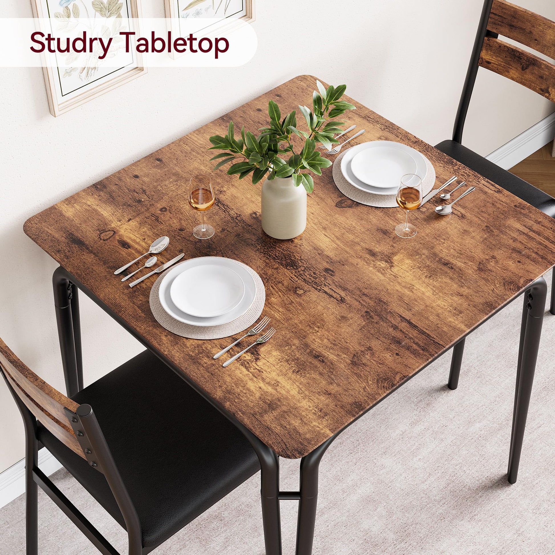 Tavolo da pranzo Garvee per 2 persone con 2 sedie imbottite, set vintage quadrato, piano in MDF, struttura in metallo robusto, cucina e sala da pranzo, salvaspazio
