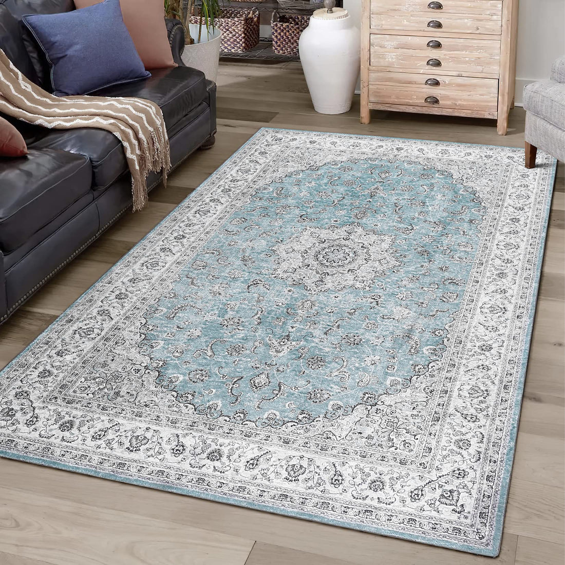 Tappeto orientale vintage GARVEE 160x230cm | Antiscivolo, resistente all'acqua e alle macchie con pelo basso | Tappeto classico per soggiorno in azzurro