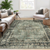 Tappeto vintage lavabile Garvee 160x230cm verde antico per soggiorno, camera da letto, sala da pranzo, ufficio, retrò, antiscivolo, pelo corto - Verde antico