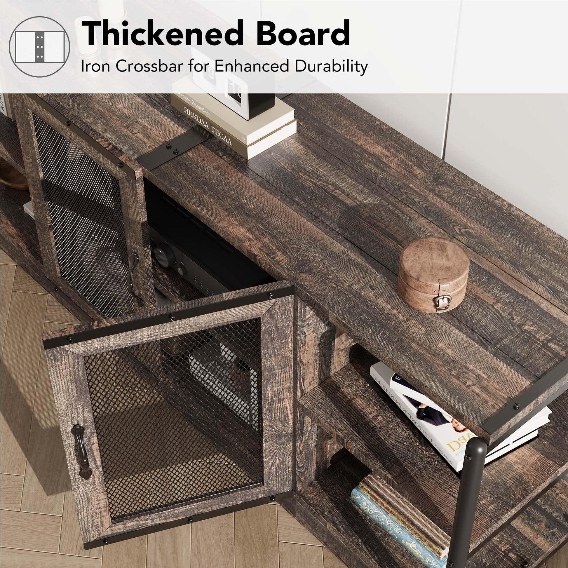 Mobile TV Garvee Farmhouse per TV da 65/75 pollici con ante in rete, consolle multimediale industriale, mobili per soggiorno, legno resistente