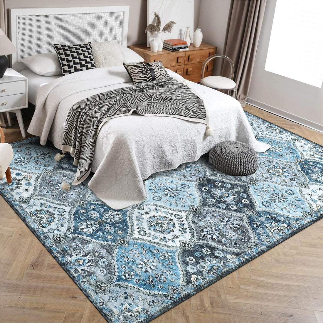 Tappeto lavabile per soggiorno Garvee 200x290 cm, grande tappeto vintage, antiscivolo, grigio blu
