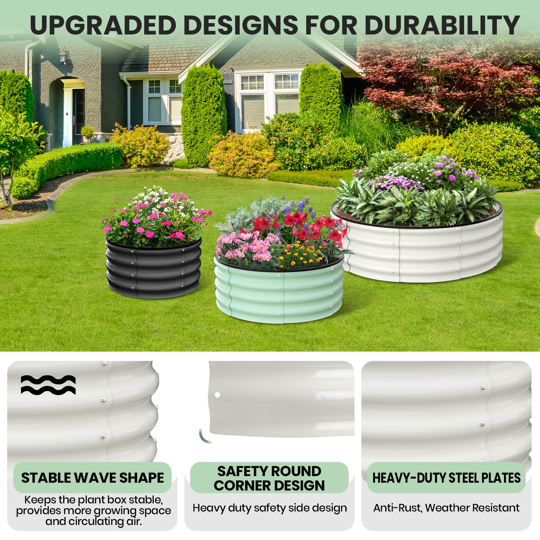 Aiule rialzate Garvee, set da 2, 4x4x1 FT, acciaio zincato, antiruggine, rotonde, bianche, per giardino esterno