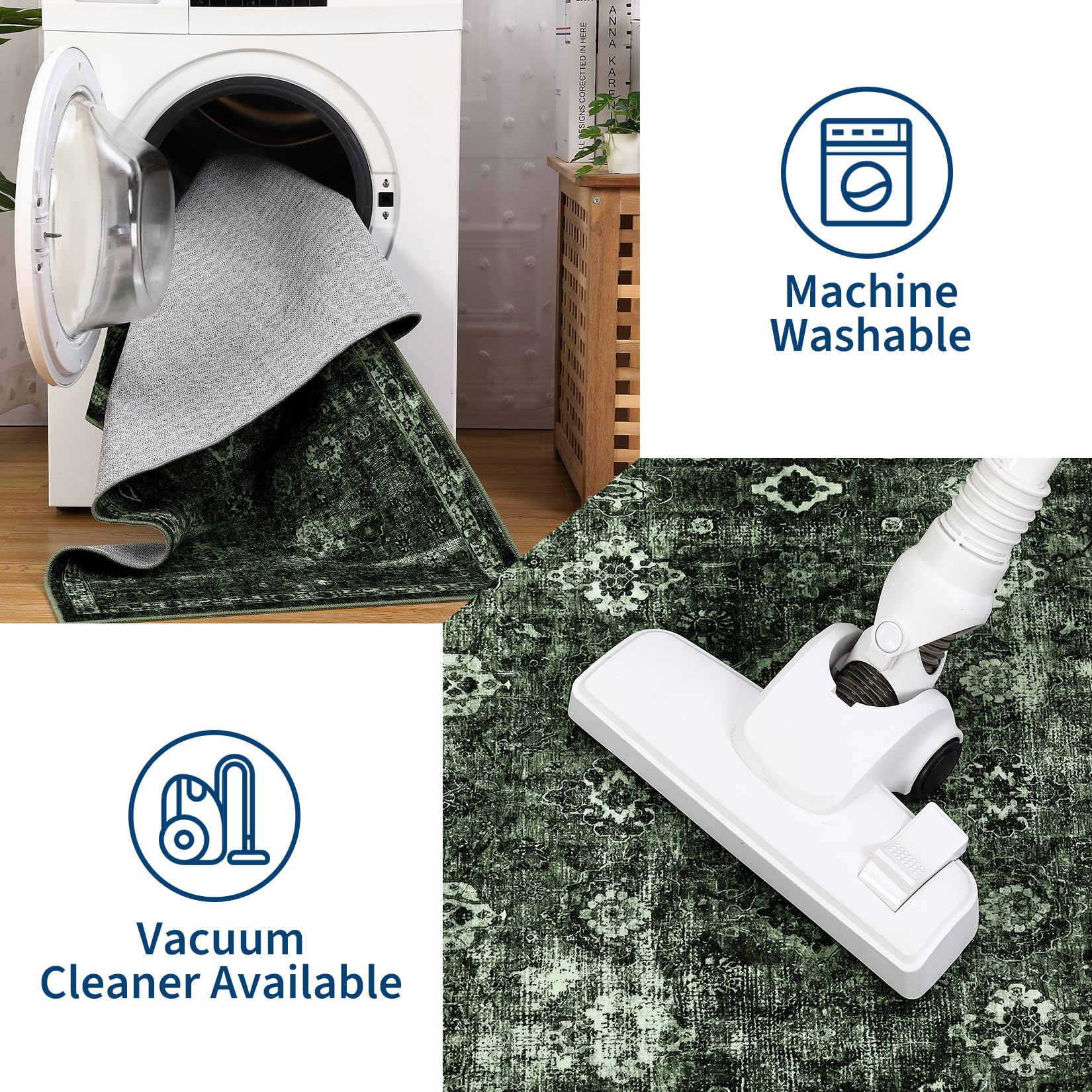 Tappeto Garvee Boho, grande tappeto vintage lavabile verde scuro a pelo corto antiscivolo per camera da letto, 160x230 cm