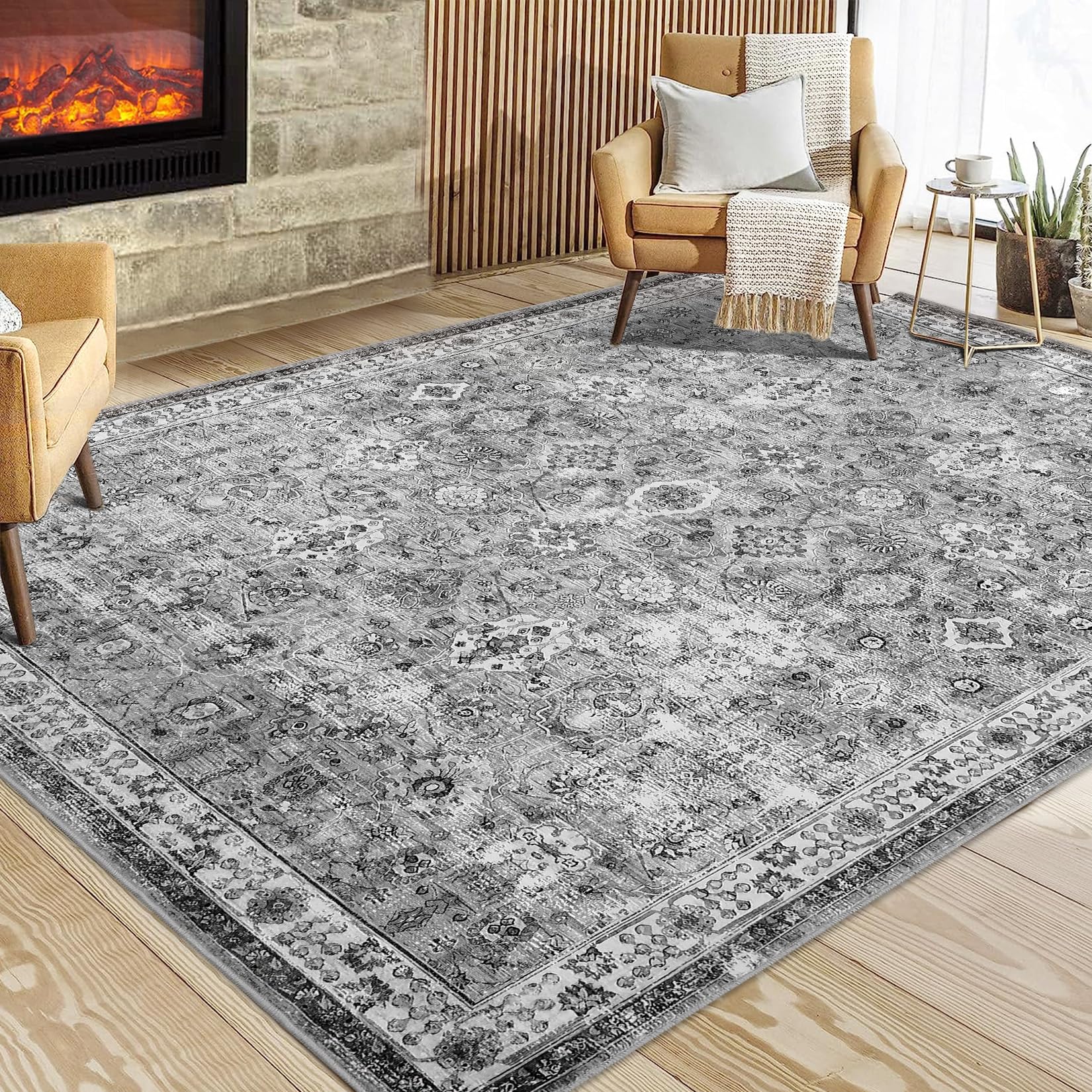 Tappeto Garvee Boho per soggiorno, grande, vintage, lavabile, a pelo corto, antiscivolo, grigio 160x230 cm