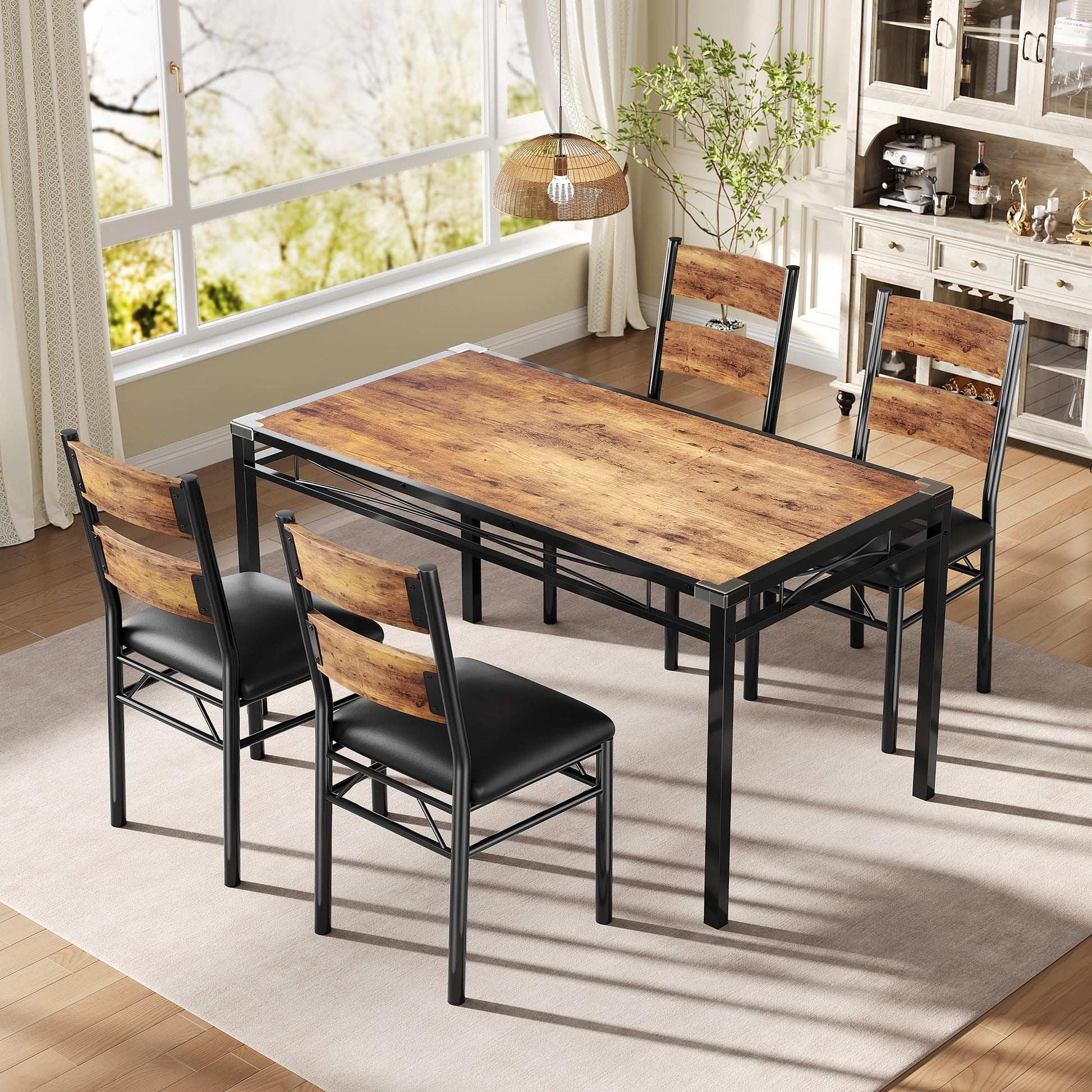 Set da pranzo Garvee per 4 persone con protezioni angolari, sedie in PU, struttura in acciaio, piano in legno, marrone retrò, salvaspazio, per cucina e appartamento