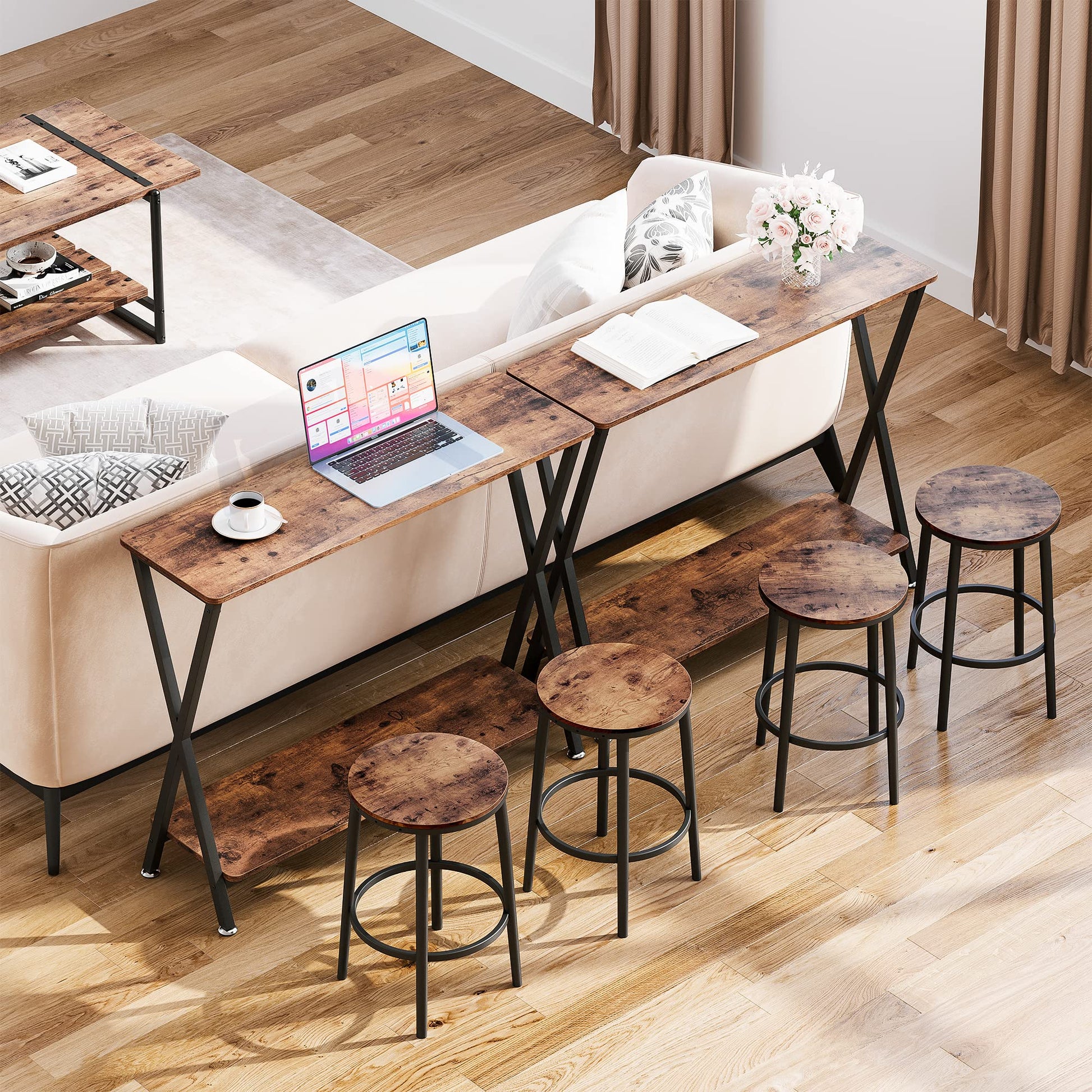 Tavolo consolle stretto Garvee in stile rustico, struttura a X in legno e metallo, soggiorno e corridoio, 31,4"L x 11,8"W x 31,8"H, nero