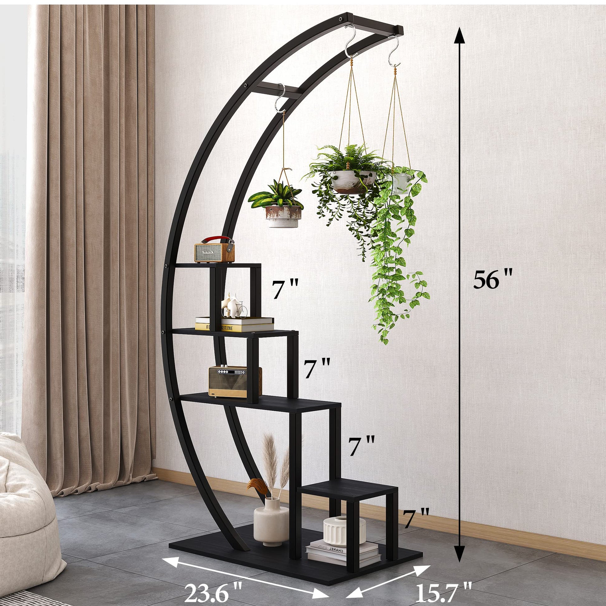 Garvee Plant Stand a 5 ripiani in metallo semicircolare, set da 2 pezzi per soggiorno e balcone, altezza 56" (nero)