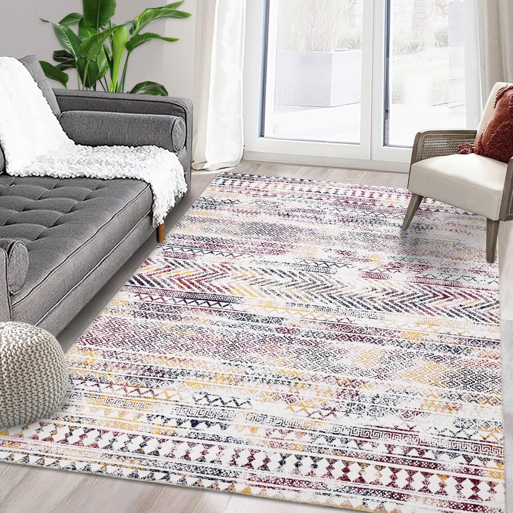 Tappeto Moderno Boho Floreale, Resistente a Macchie e Acqua, Lavabile, 160x200cm, per Casa, Ufficio, Soggiorno, Cucina