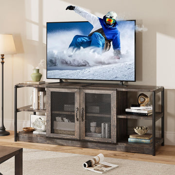 Mobile TV Garvee Farmhouse per TV da 65/75 pollici con ante in rete, consolle multimediale industriale, mobili per soggiorno, legno resistente