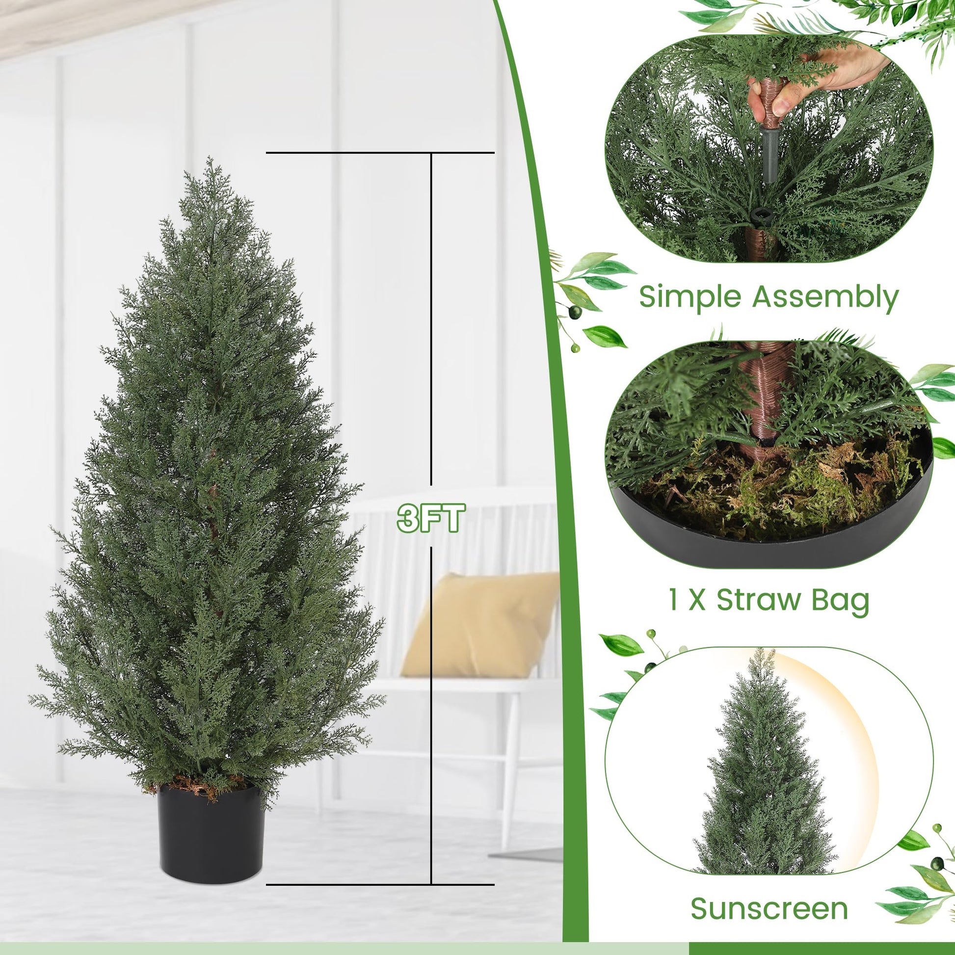 Garvee Set di cipressi artificiali in PE da 1,2 m, resistenti ai raggi UV, decorazione in muschio per uso interno ed esterno, verde