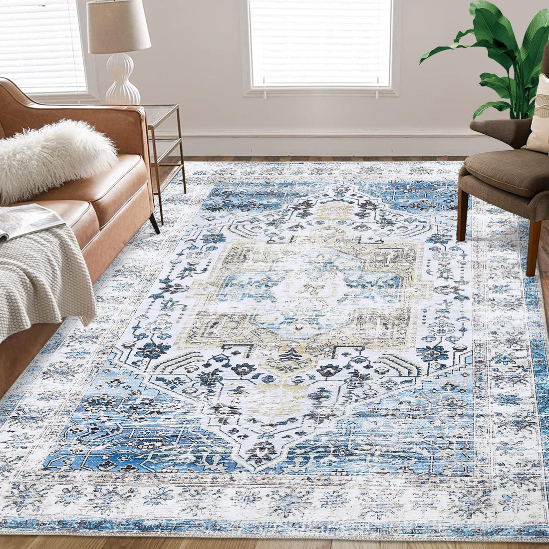 Garvee Machinewasbaar Vintage Vloerkleed Laagpolig Tapijt Blauw 120x170cm Per Slaapkamer Woonkamer Binnen Buiten