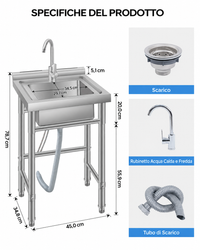 Garvee 80cm Lavello Autoportante in Acciaio Inox 304 Vasca Singola Profonda con Rubinetto per Acqua Calda e Fredda e Gambe Regolabili per Cucina e Garage