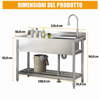 Garvee 120x51x92cm Lavello Professionale Autoportante in Acciaio Inox Robusto ad Alta Portata per Ristorazione e Cucina Industriale