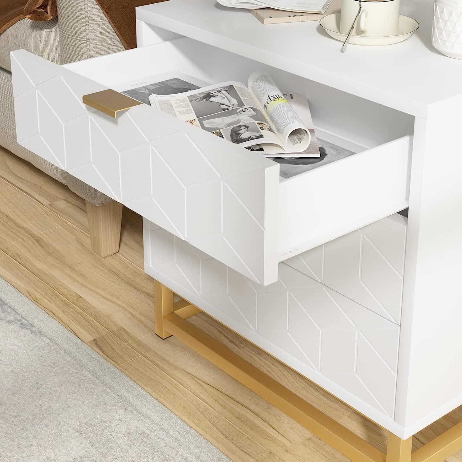 Cassettiera in legno Garvee bianca a 3 cassetti con maniglie in metallo dorato per camera da letto e soggiorno, moderna, robusta, MDF, stabile