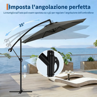 Garvee 300cm Ombrellone Decentrato a Braccio Grigio in Poliestere con Manovella e Inclinazione Protezione UV per Giardino e Terrazzo