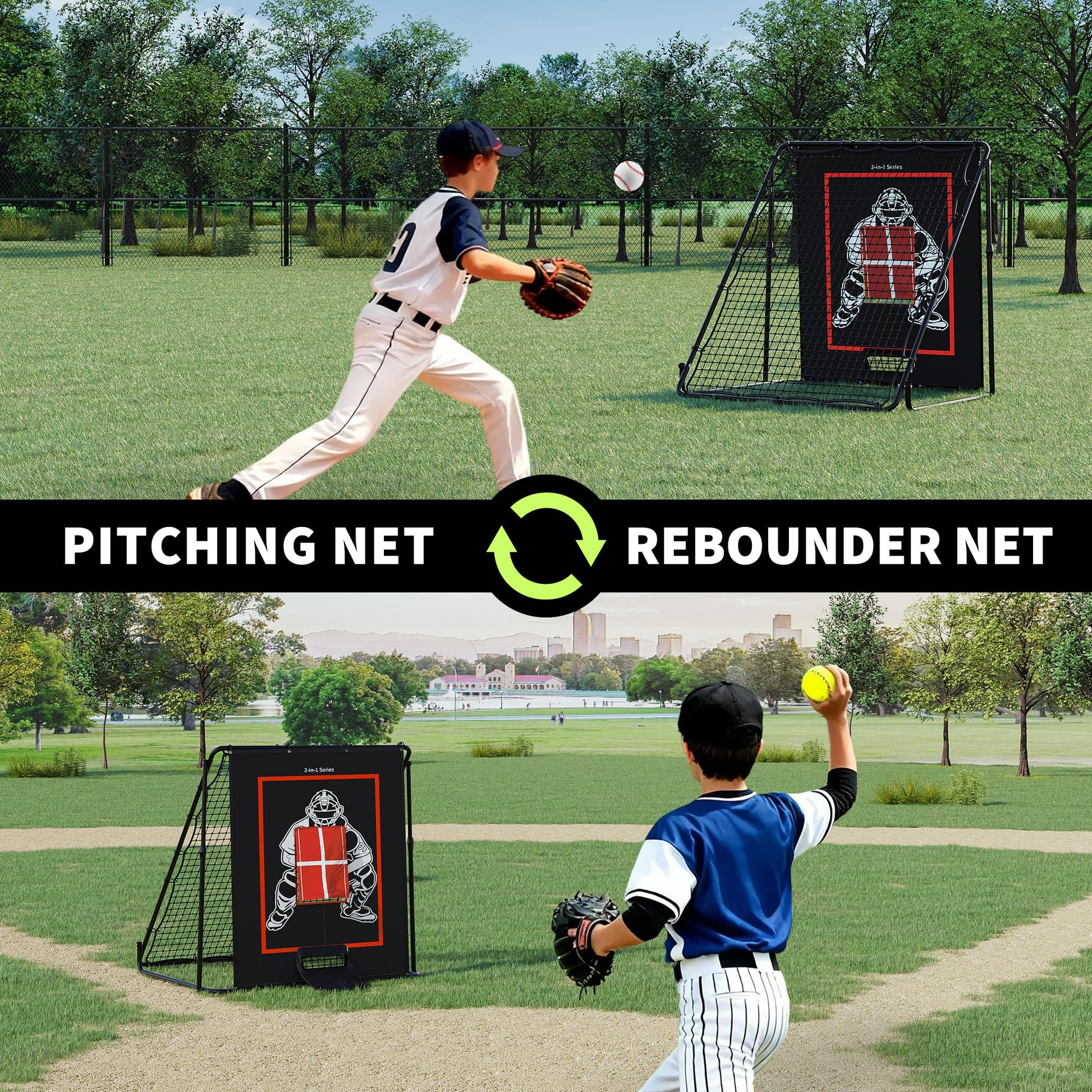 Garvee Bersaglio da lancio e rete di rimbalzo per baseball 2 in 1 - Nylon e polietilene - Allenamento per ragazzi - Regolabile - Nero