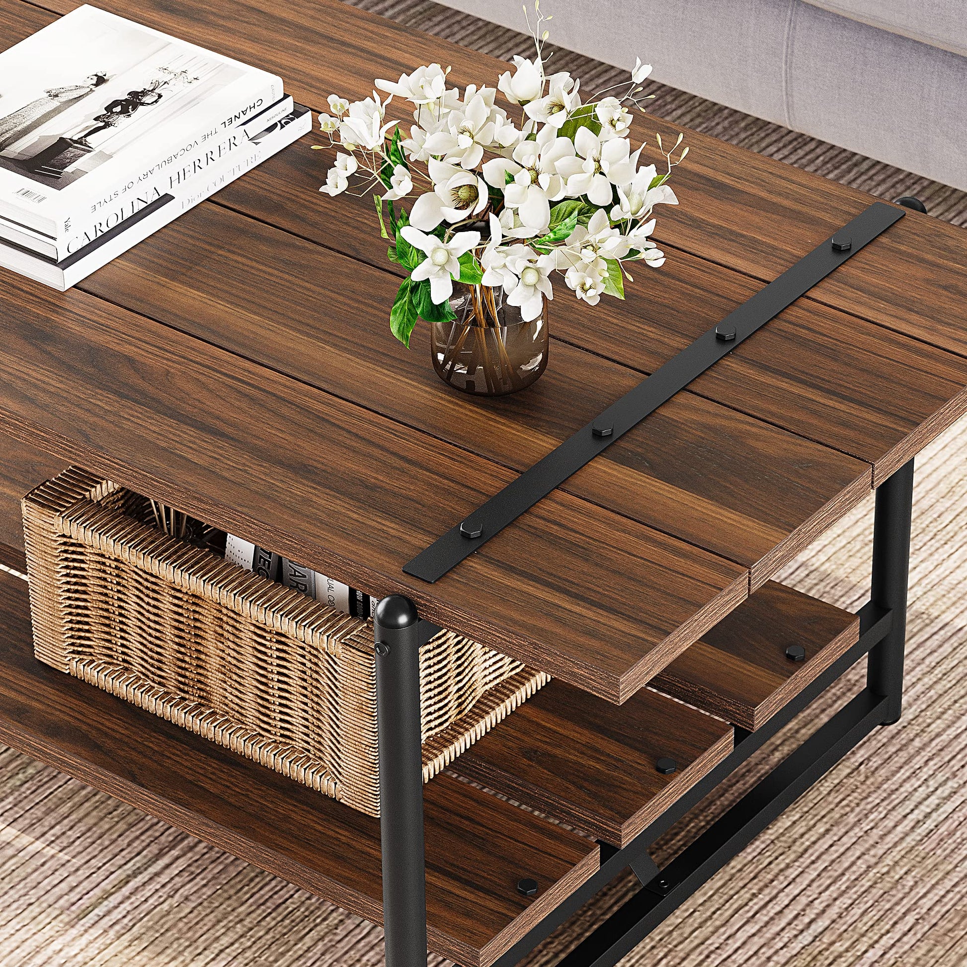Tavolino da caffè Garvee a 2 ripiani in stile rustico, 41'', in legno grigio con struttura in metallo, per soggiorno e ufficio, ampio spazio di archiviazione, MDF robusto, stile industriale moderno