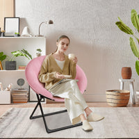 Poltrona Garvee Saucer Chair con struttura dorata, pelliccia sintetica oversize, pieghevole per camera da letto e soggiorno, rosa