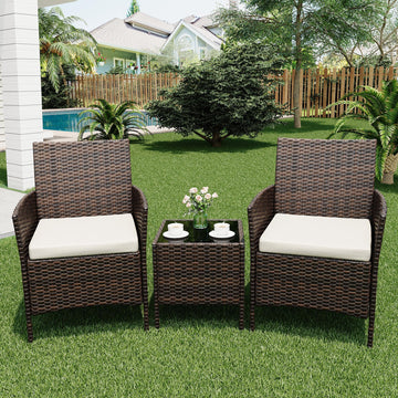 Set di mobili da giardino Garvee, 3 pezzi, rattan PE, sedie ergonomiche, tavolo in vetro, resistente alle intemperie, marrone-beige, balcone, giardino