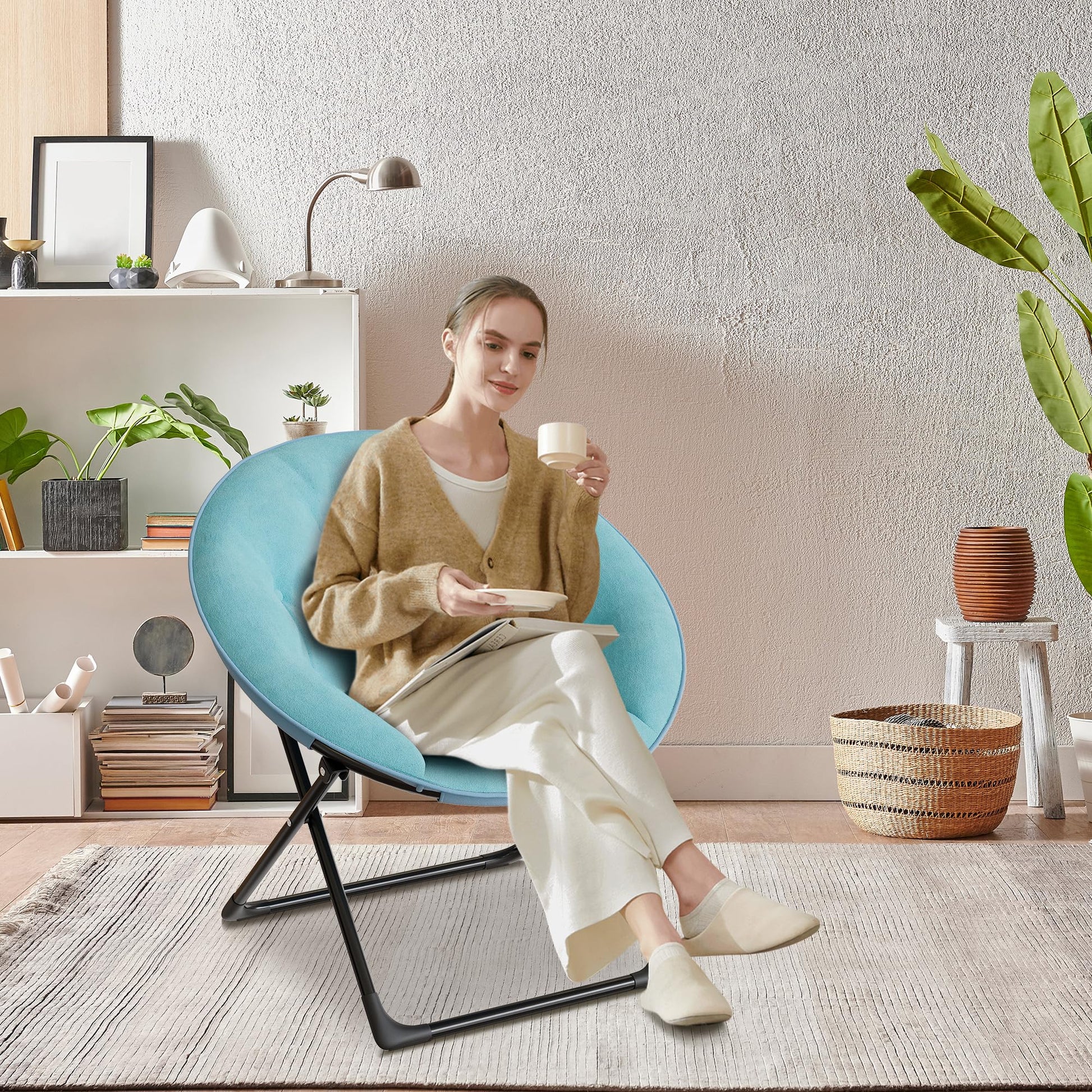 Poltrona Garvee Saucer Chair con struttura dorata, oversize, pieghevole, verde, per camera da letto e soggiorno, comoda, stabile