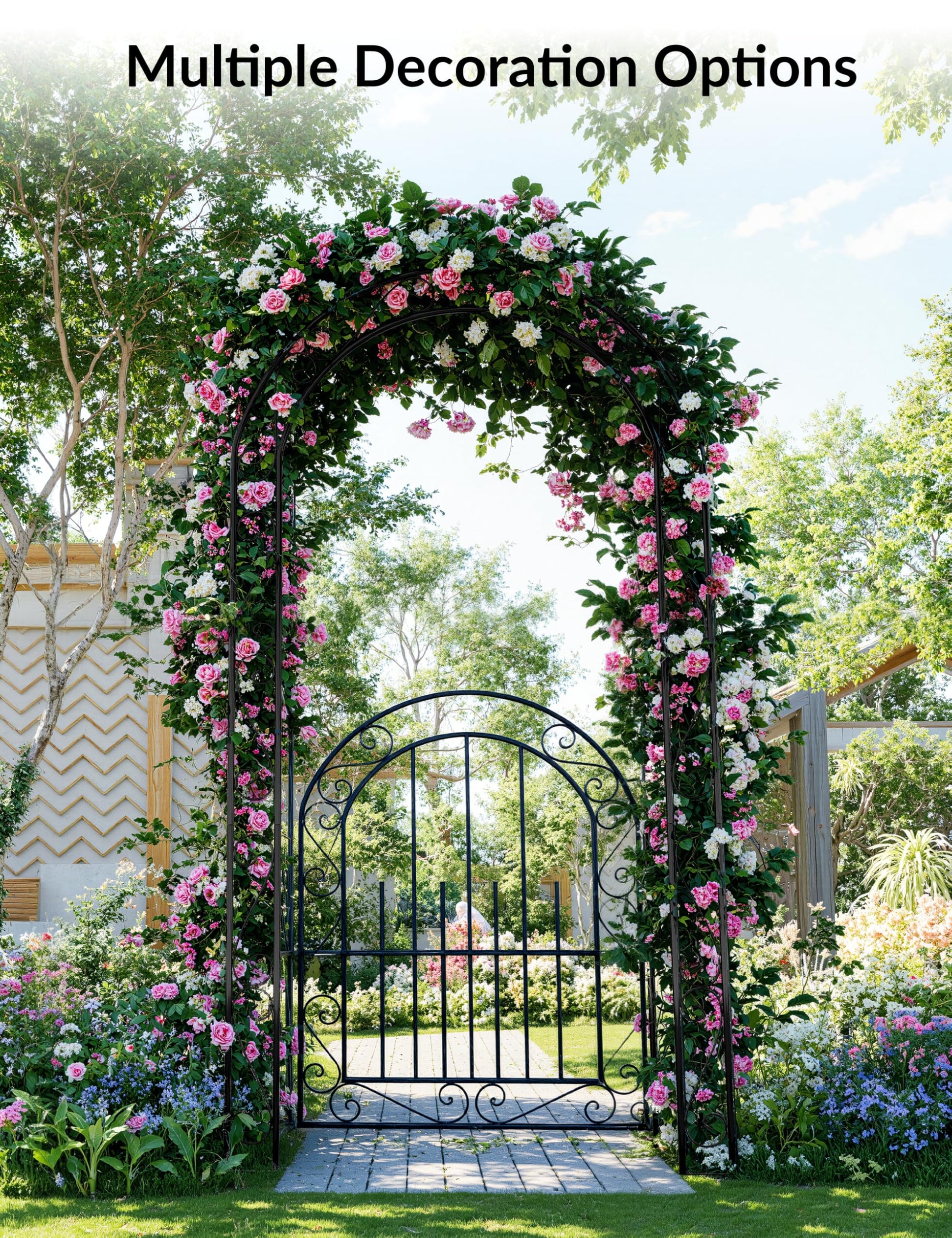 Arco da giardino in acciaio Garvee da 8 piedi, resistente alle intemperie, robusto, elegante, nero, con cancello, ideale per matrimoni e giardino
