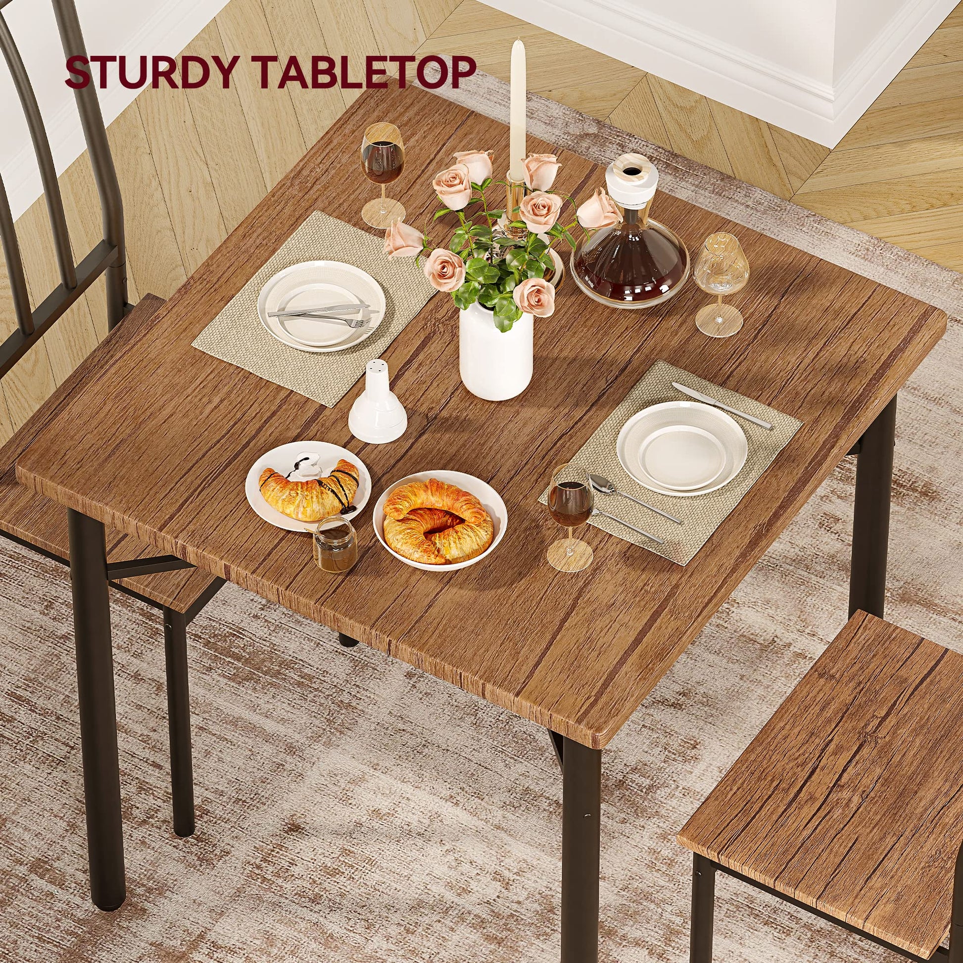 Set da pranzo Garvee per 2 persone con portabottiglie, tavolo in MDF robusto, piedini regolabili, struttura in metallo, compatto, marrone rustico