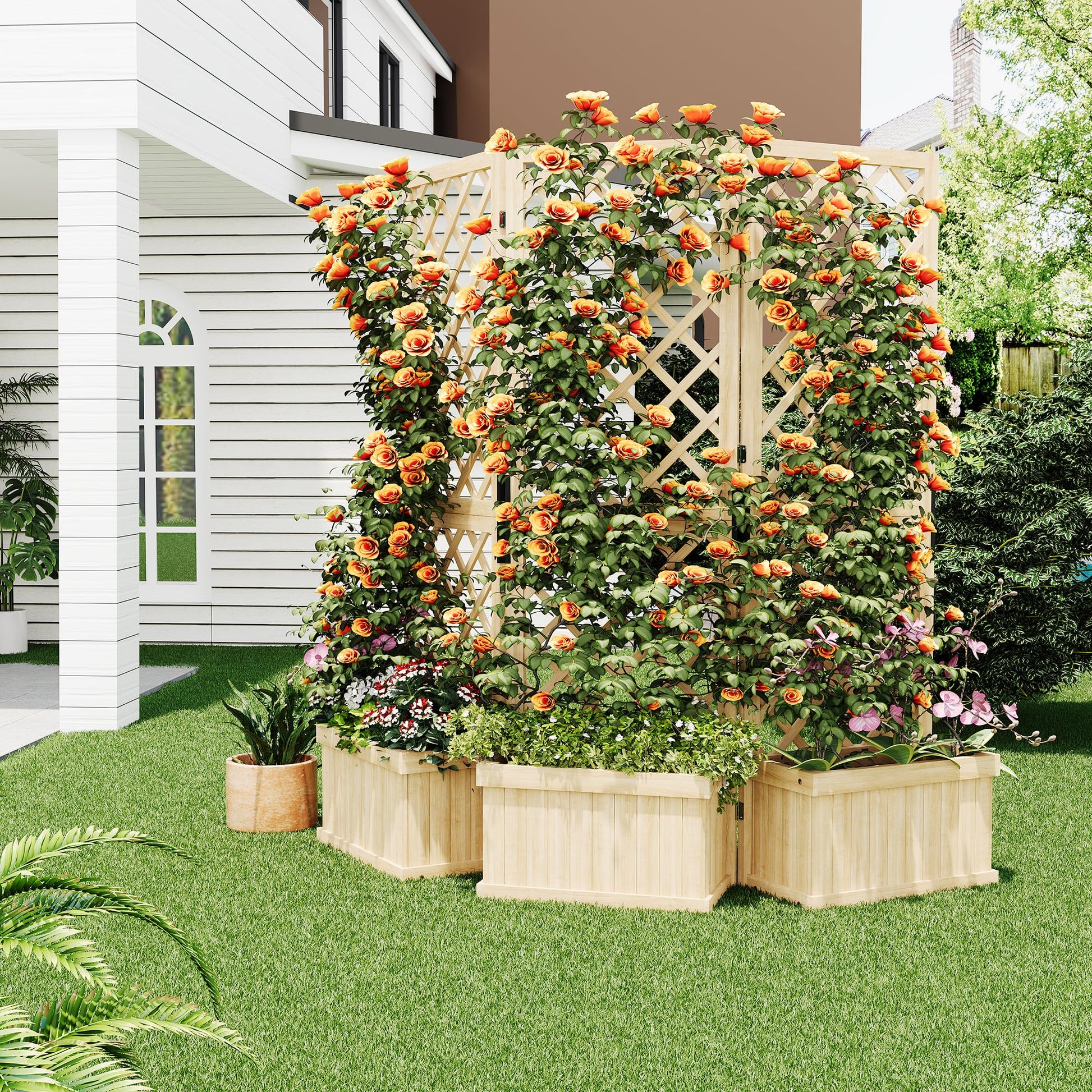 Garvee Frangivista in legno di cedro con fioriera - 3 pezzi, autoportante, resistente alle intemperie per patio e giardino, legno naturale, 62x10x65 cm