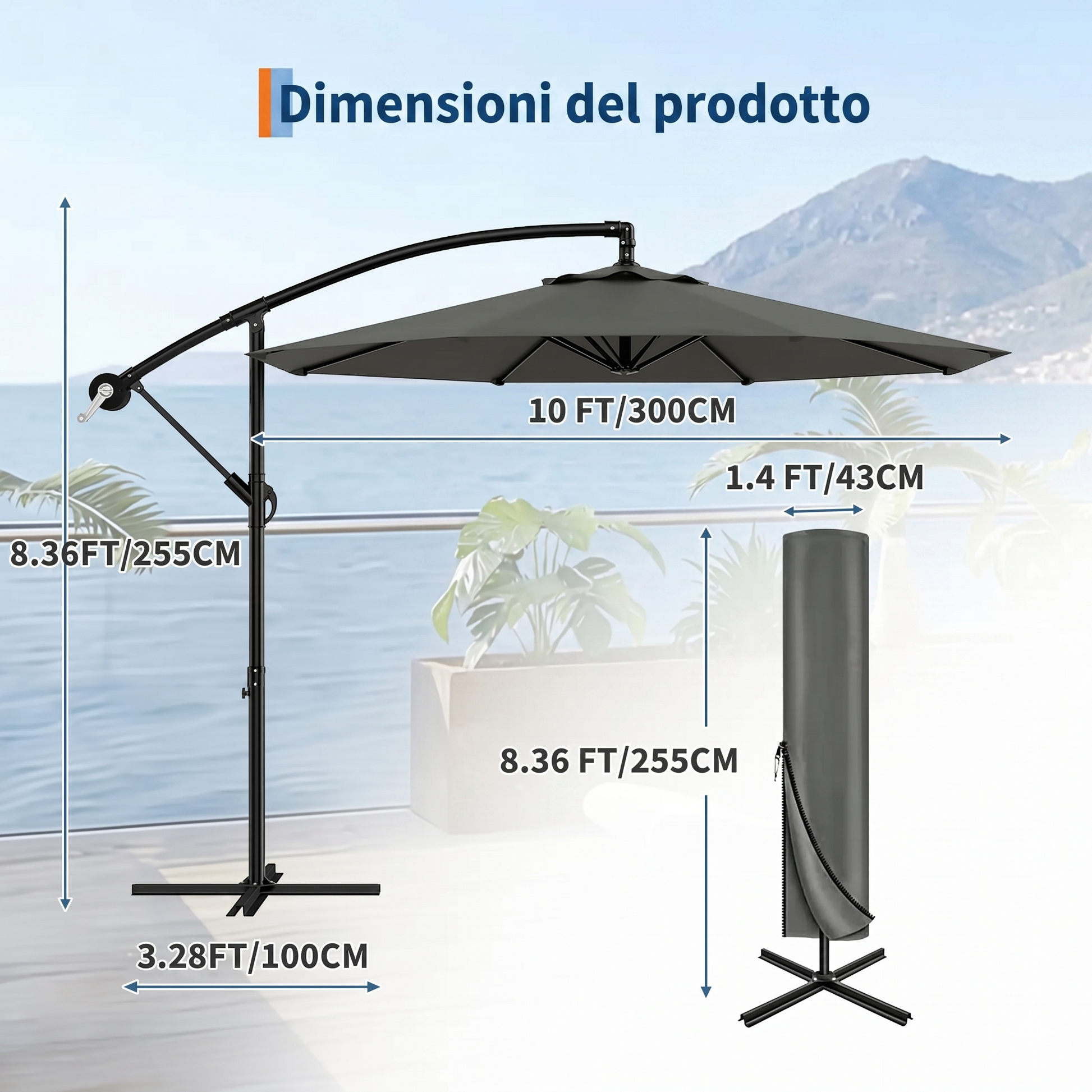 Garvee 300cm Ombrellone Decentrato a Braccio Grigio in Poliestere con Manovella e Inclinazione Protezione UV per Giardino e Terrazzo