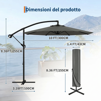 Garvee 300cm Ombrellone Decentrato a Braccio Grigio in Poliestere con Manovella e Inclinazione Protezione UV per Giardino e Terrazzo