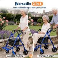 Garvee Andador Pieghevole 4 Ruote con Sedile e Freni Doppio Supporto e Carrello per Acquisti Altezza Regolabile 80,5-91 cm Blu