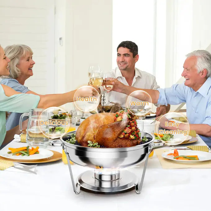 Set Buffet Garvee 4 Pezzi 5QT Acciaio Inox Scaldavivande con Coperchio e Telaio per Catering e Feste Argento