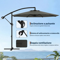 Garvee 300cm Ombrellone Decentrato a Braccio Grigio in Poliestere con Manovella e Inclinazione Protezione UV per Giardino e Terrazzo