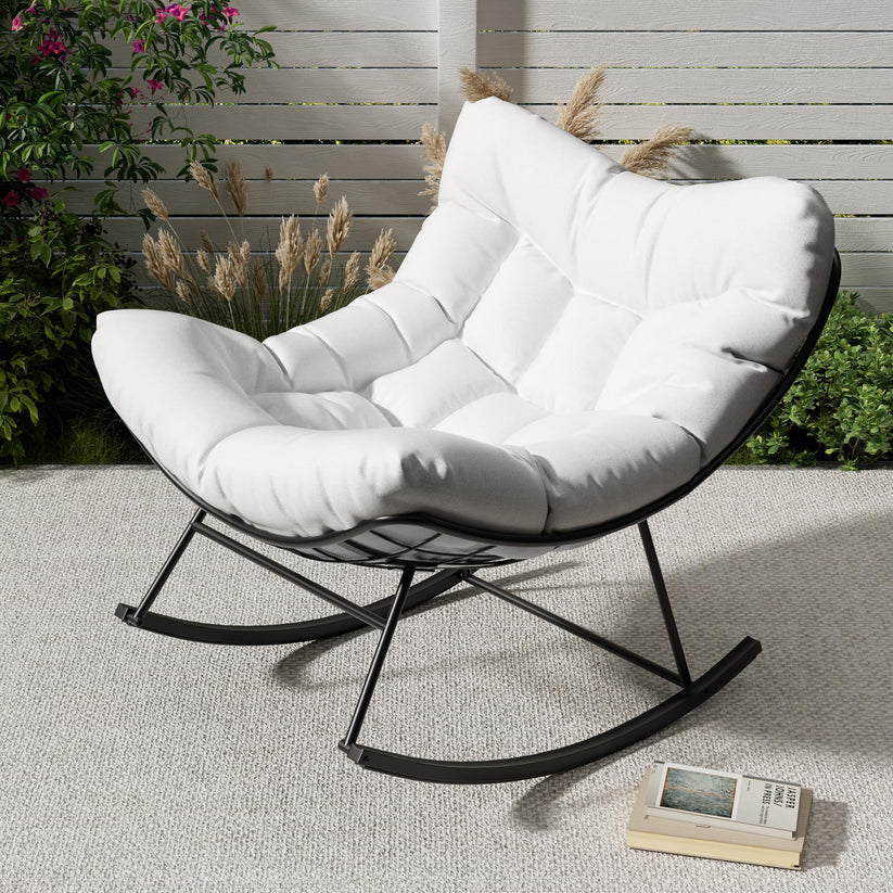 Garvee Poltrona a Dondolo Papasan Oversize Bianca Portata 175kg con Spesso Cuscino per Giardino e Balcone