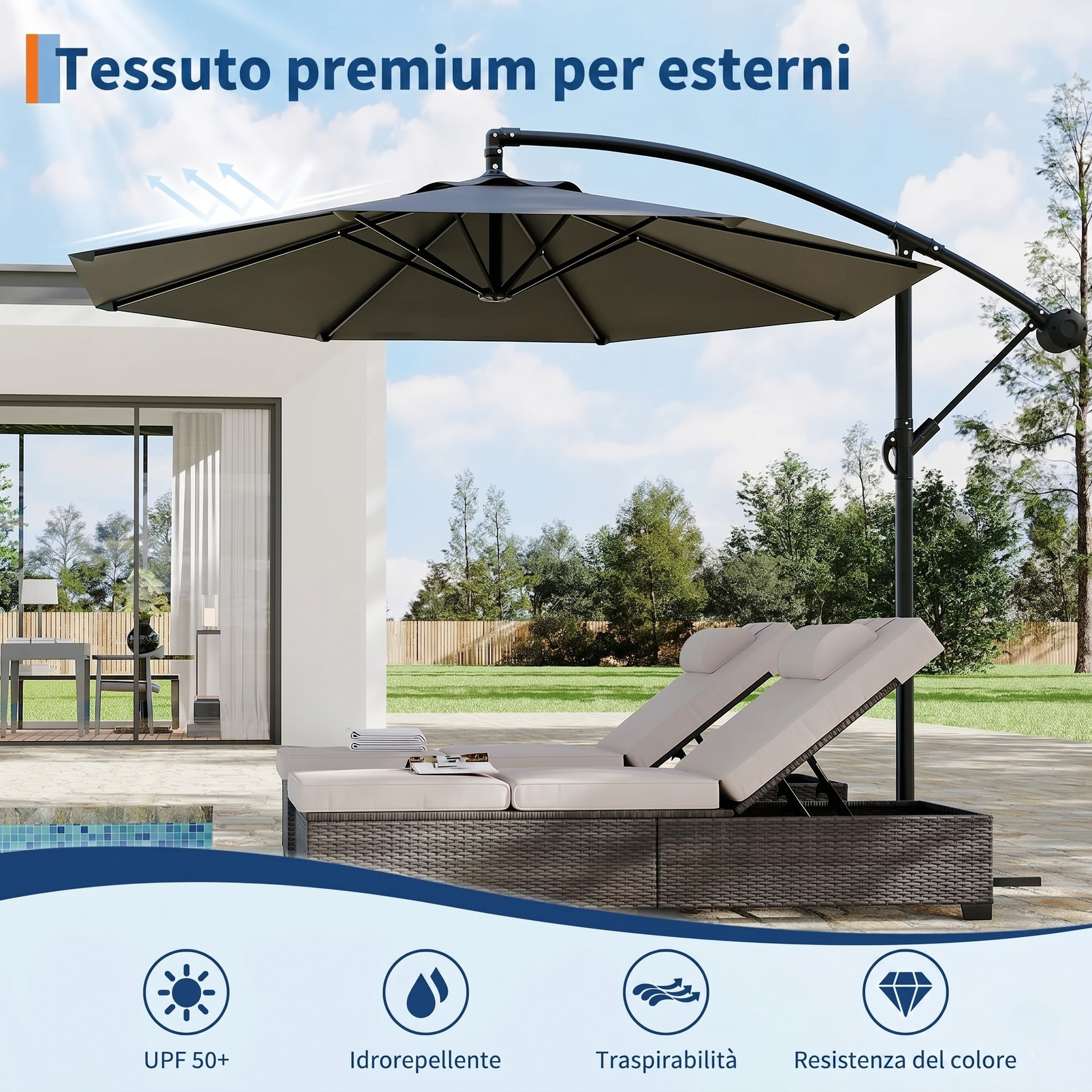 Garvee 300cm Ombrellone Decentrato a Braccio Grigio in Poliestere con Manovella e Inclinazione Protezione UV per Giardino e Terrazzo