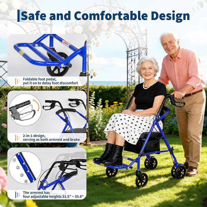 Garvee Andador Pieghevole 4 Ruote con Sedile e Freni Doppio Supporto e Carrello per Acquisti Altezza Regolabile 80,5-91 cm Blu