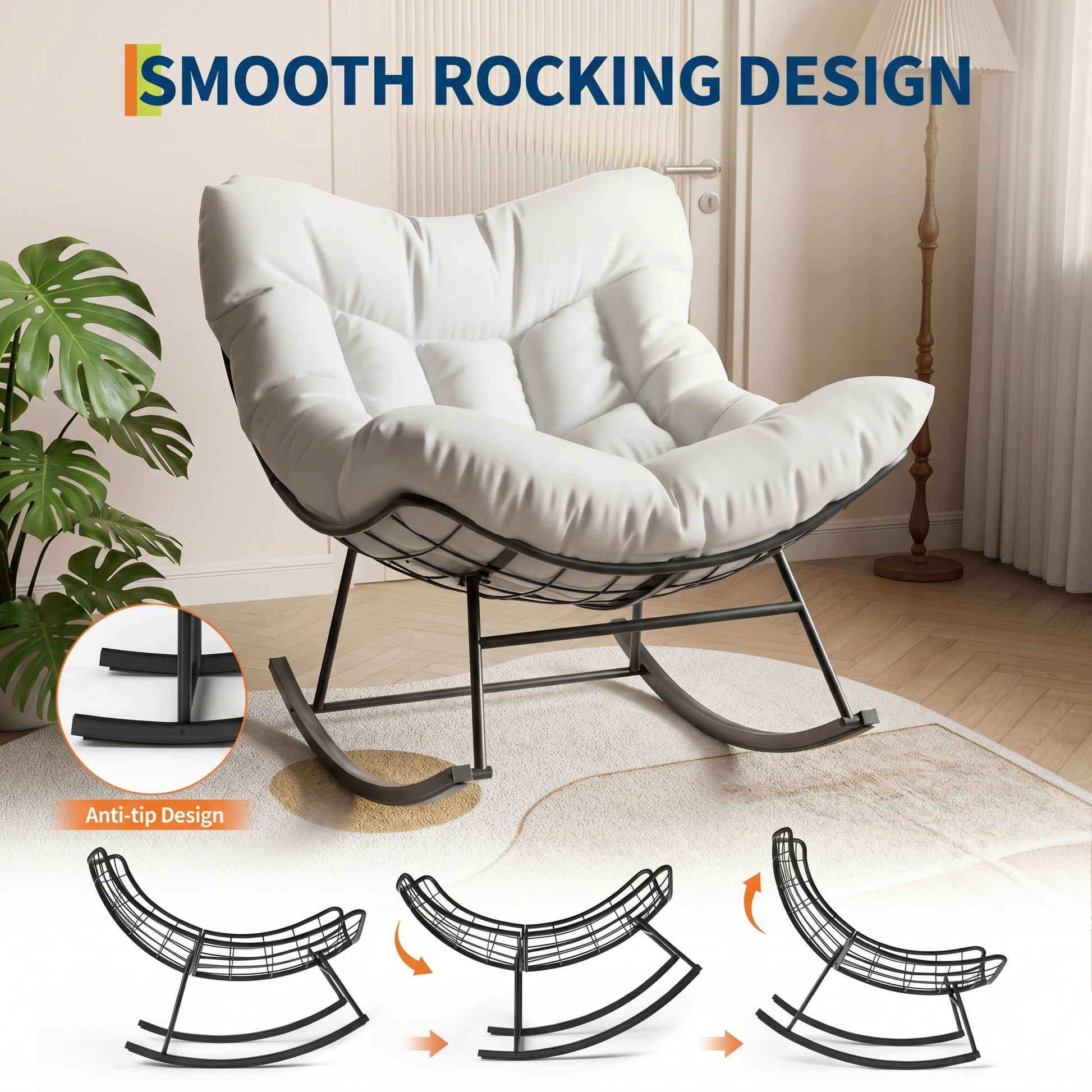 Garvee Poltrona a Dondolo Papasan Oversize Bianca Portata 175kg con Spesso Cuscino per Giardino e Balcone