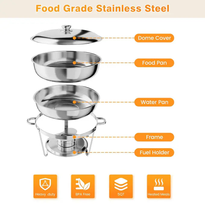 Garvee Set Buffet 2 Pezzi 5QT Riscaldatori Cibo in Acciaio Inox per Catering e Feste, Capacità Generosa, Montaggio Facile, Argento