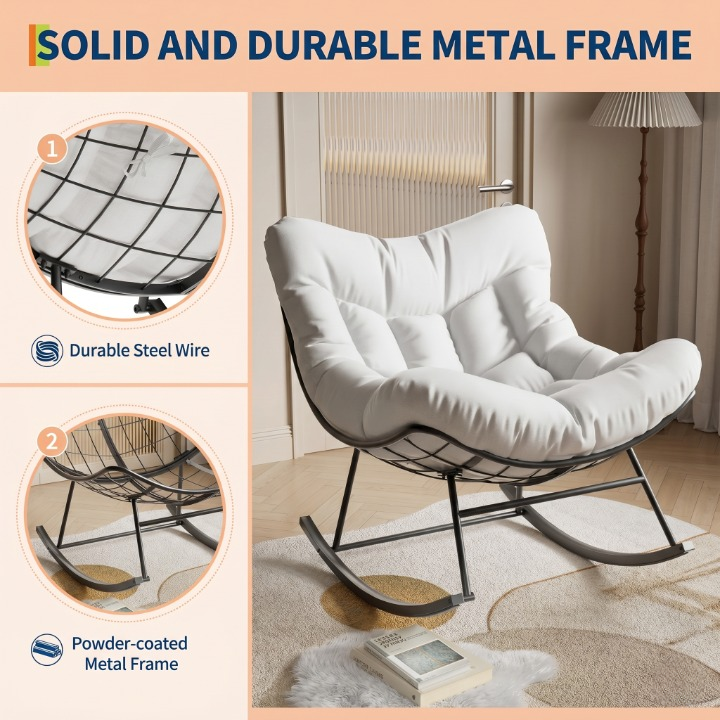 Garvee Poltrona a Dondolo Papasan Oversize Bianca Portata 175kg con Spesso Cuscino per Giardino e Balcone