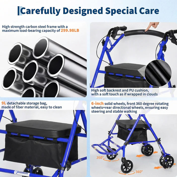 Garvee Andador Pieghevole 4 Ruote con Sedile e Freni Doppio Supporto e Carrello per Acquisti Altezza Regolabile 80,5-91 cm Blu