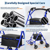 Garvee Andador Pieghevole 4 Ruote con Sedile e Freni Doppio Supporto e Carrello per Acquisti Altezza Regolabile 80,5-91 cm Blu