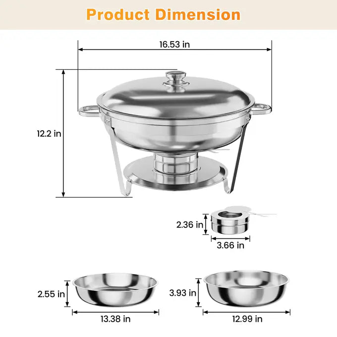 Set Buffet Garvee 4 Pezzi 5QT Acciaio Inox Scaldavivande con Coperchio e Telaio per Catering e Feste Argento