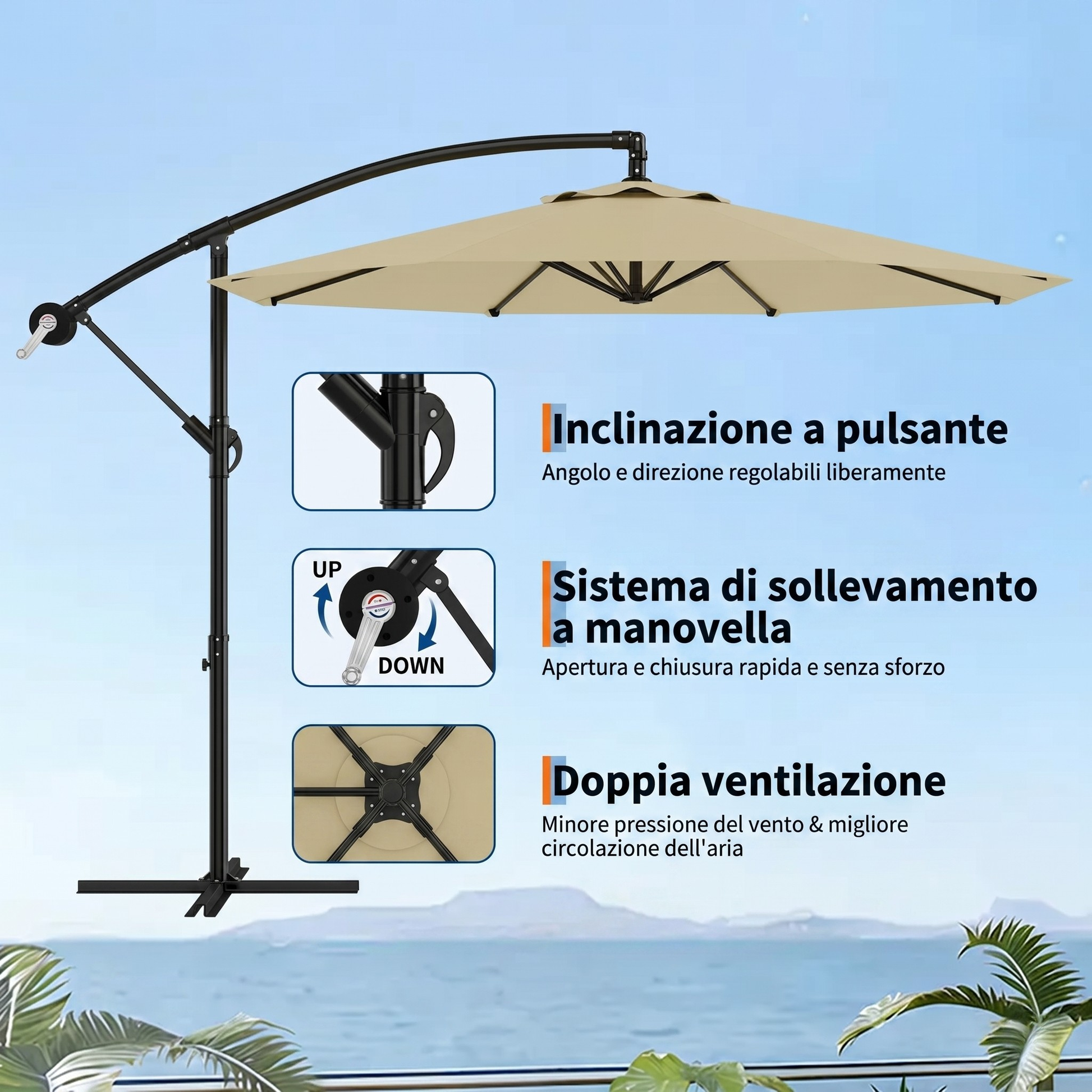 Garvee 300cm Ombrellone Decentrato a Braccio Cachi in Poliestere con Manovella e Inclinazione Protezione UV per Giardino e Terrazzo