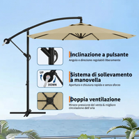Garvee 300cm Ombrellone Decentrato a Braccio Cachi in Poliestere con Manovella e Inclinazione Protezione UV per Giardino e Terrazzo