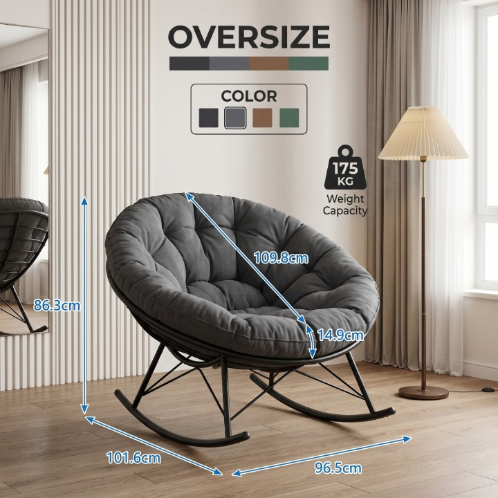 Garvee Poltrona a Dondolo Papasan Oversize Grigio Scuro Portata 175kg con Spesso Cuscino per Giardino e Balcone