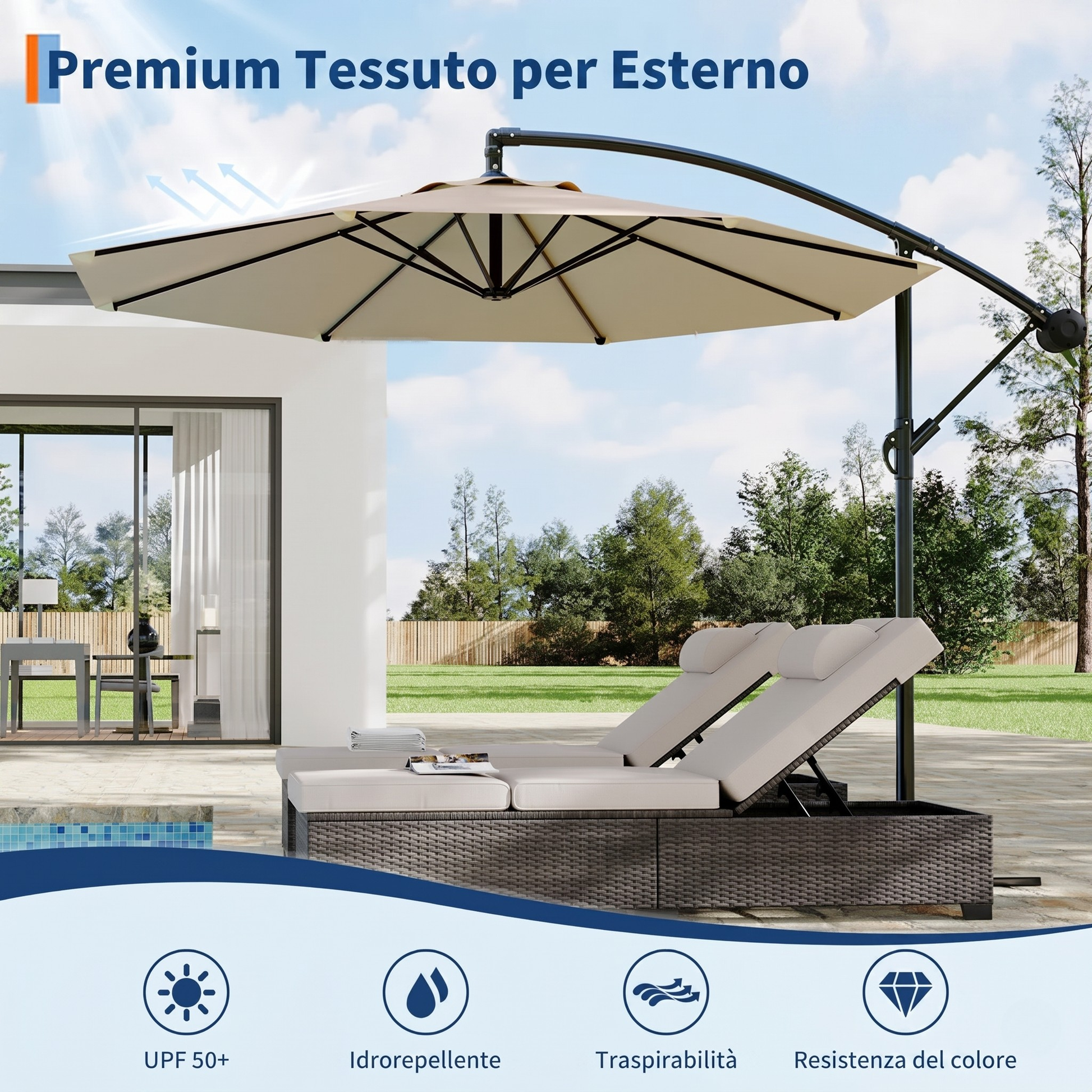 Garvee 300cm Ombrellone Decentrato a Braccio Cachi in Poliestere con Manovella e Inclinazione Protezione UV per Giardino e Terrazzo