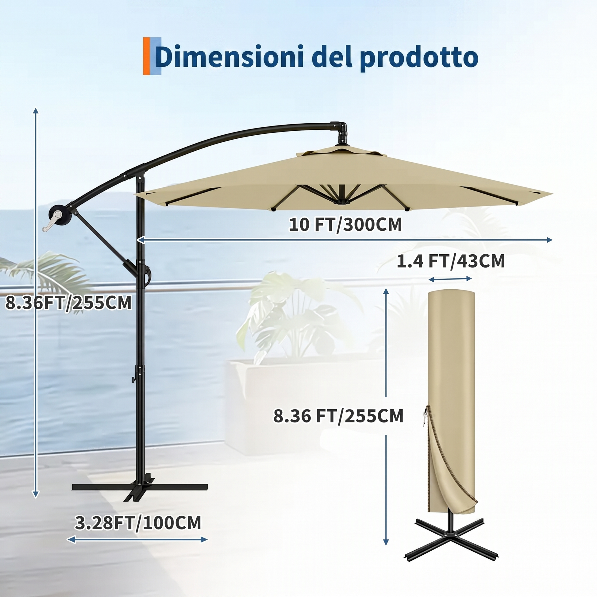 Garvee 300cm Ombrellone Decentrato a Braccio Cachi in Poliestere con Manovella e Inclinazione Protezione UV per Giardino e Terrazzo