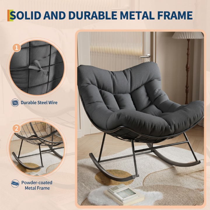 Garvee Poltrona a Dondolo Papasan Oversize Grigio Scuro Portata 175kg con Spesso Cuscino per Giardino e Balcone