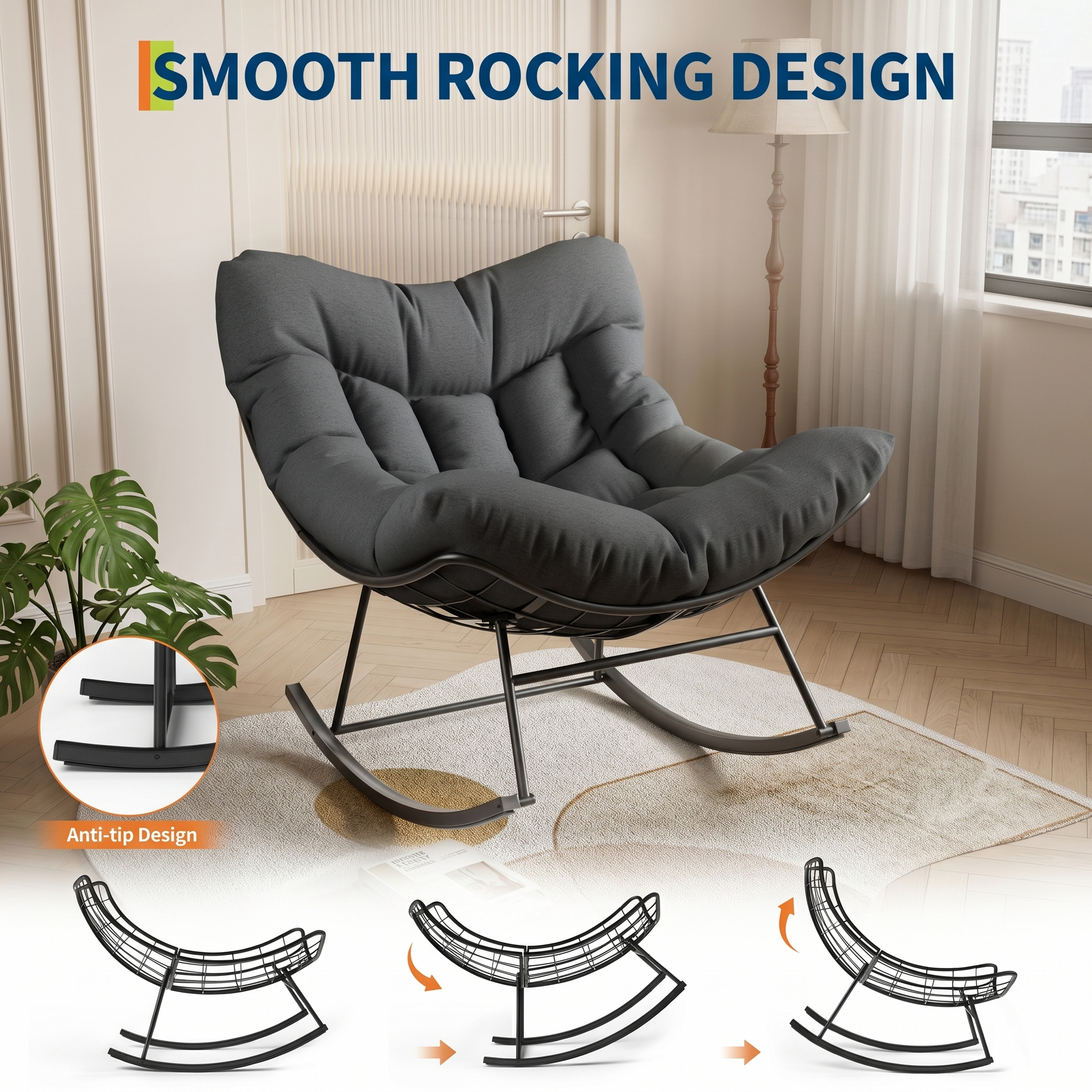 Garvee Poltrona a Dondolo Papasan Oversize Grigio Scuro Portata 175kg con Spesso Cuscino per Giardino e Balcone