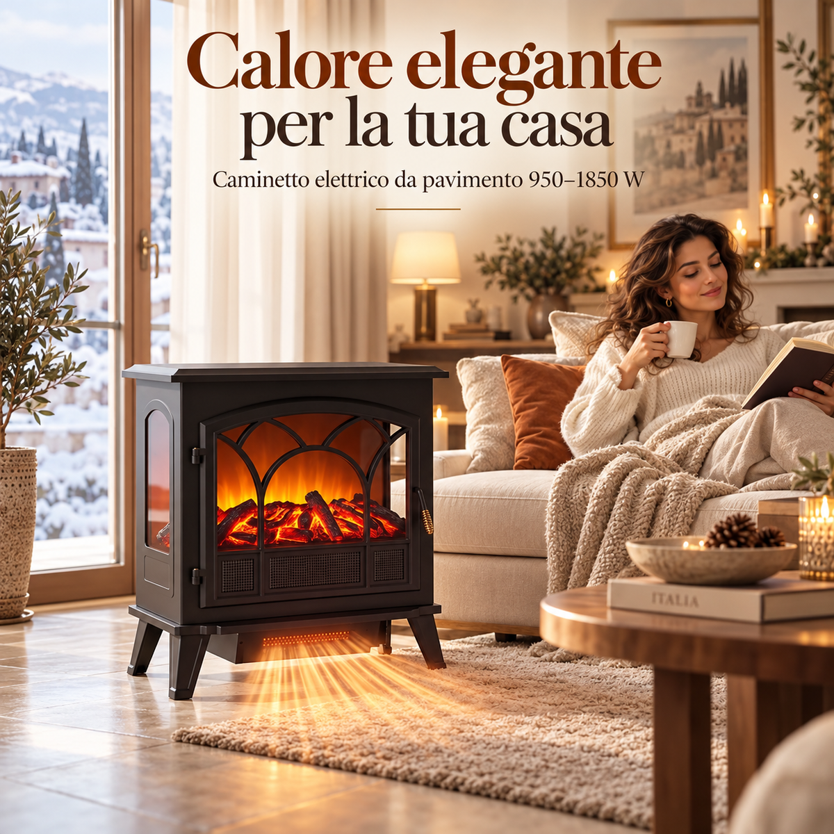 Garvee Camino Elettrico a Pavimento 1850 W, Vista Panoramica su 3 Lati, Effetto Fiamma LED Multicolore, Termostato Regolabile, Nero
