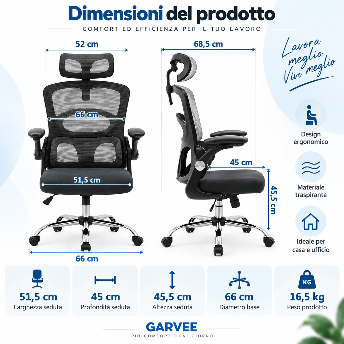 Garvee Sedia da Ufficio Ergonomica con Schienale Alto e Supporto Lombare, Mesh Traspirante, Regolabile per Casa e Gaming, Nero, Taglia Unica